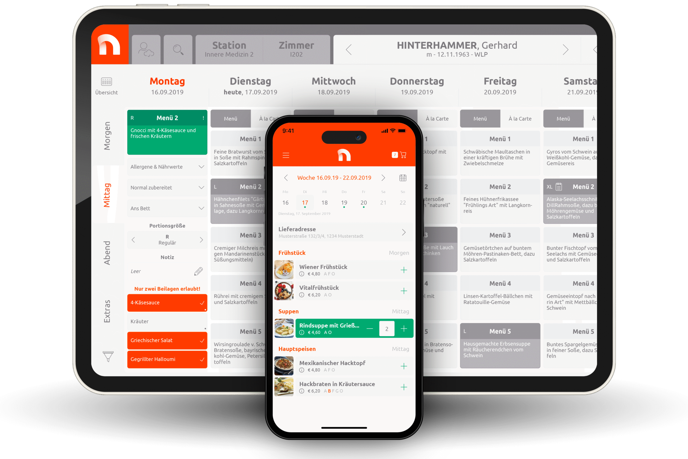 necta Menü-Bestellsystem Smartphone und Tablet Ansicht mit Wochenmenüs